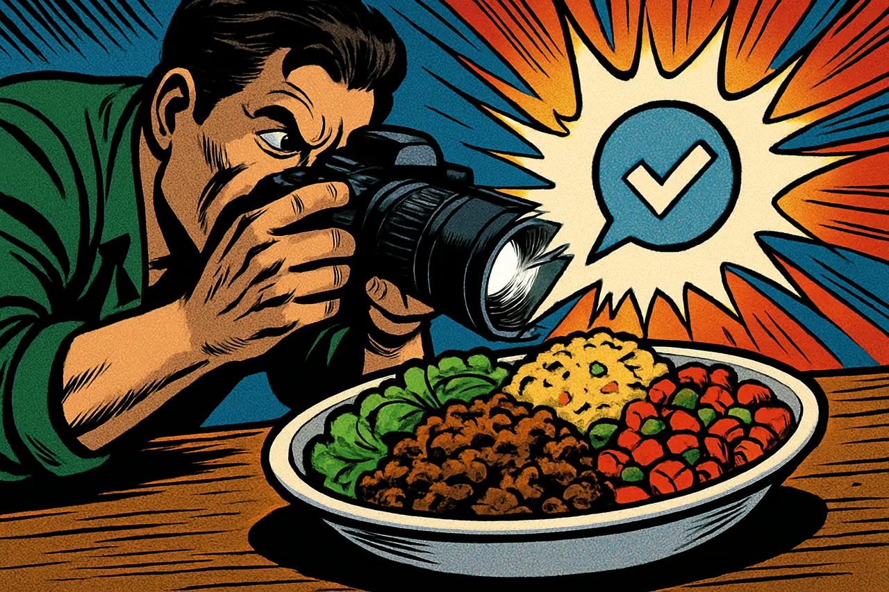 Illustration: photographer snaps a food photo, app returns calorie count with USDA verification badge
