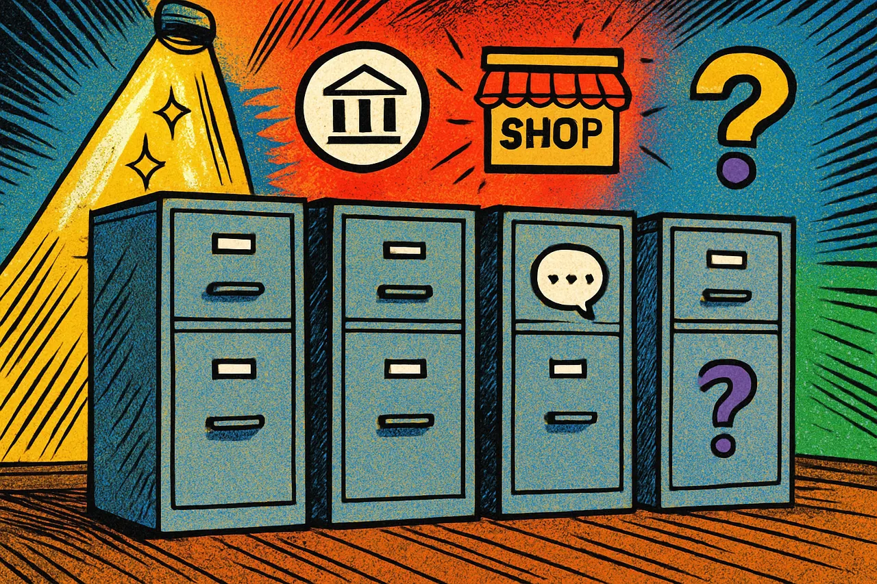 Illustration: librarian standing in front of four labeled filing cabinets representing data source types